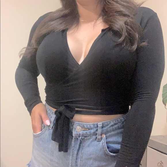PrettyLittleThing Tops - Black long sleeve, low cut, wrap crop top